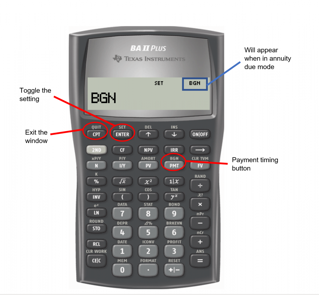 BAII Plus Calculator identifying BGN (will appear when in annuity due mode). Exit the window, Toggle the setting and Payment timing button identified.